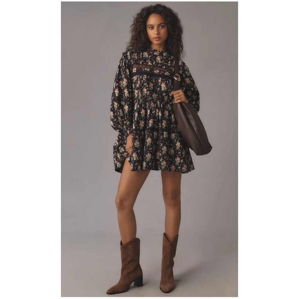 Pilcro Black Floral Lace Babydoll Mini Dress Size XS